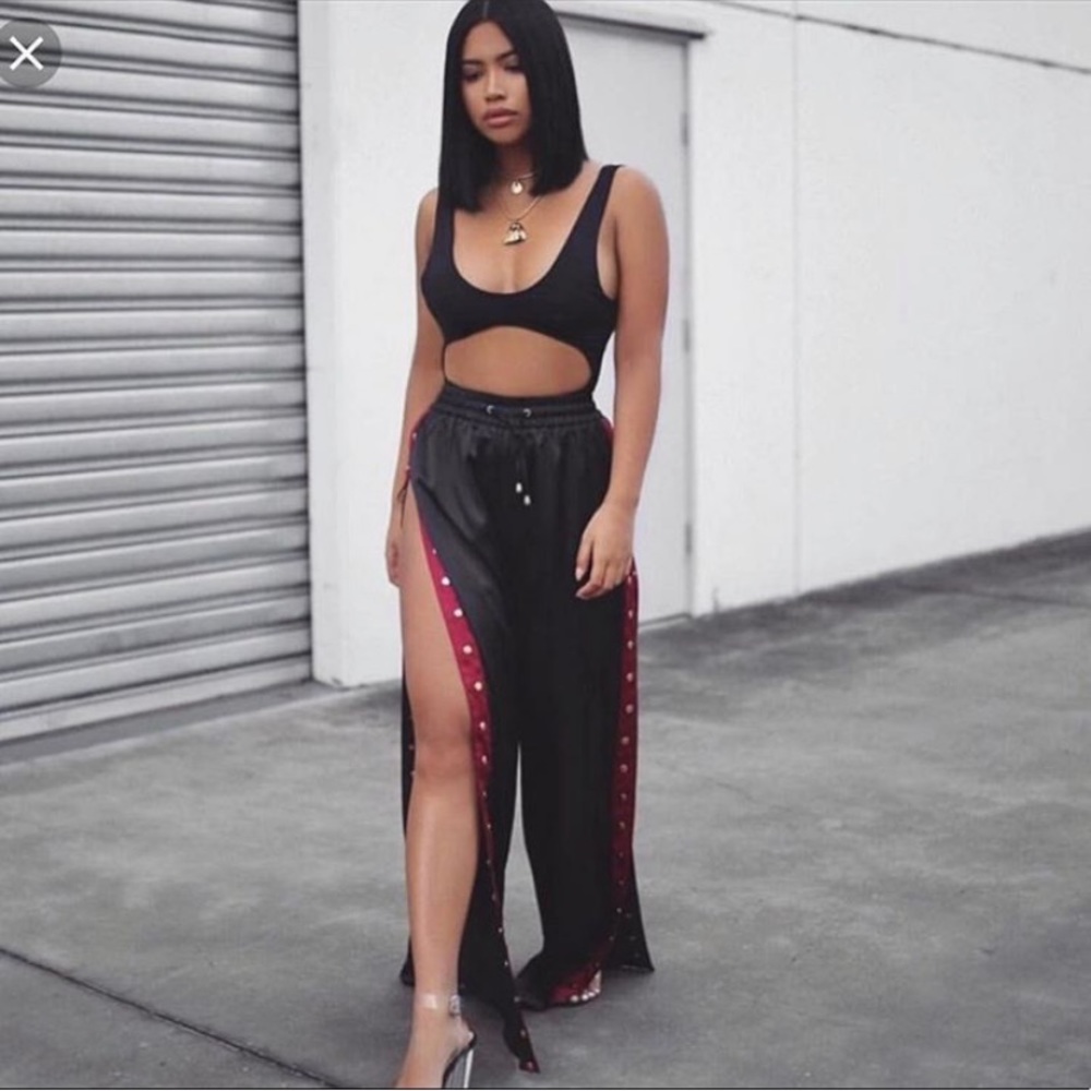 Black and maroon snap off pants from Meshki!